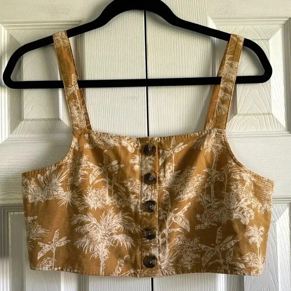 American Eagle | Linen | Palm Tree Tropical | Smocked Crop | Tank | size M - Picture 2 of 5